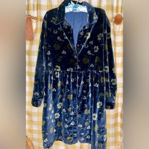 Size 12 blue velvet floral long cardigan duster dress EUC